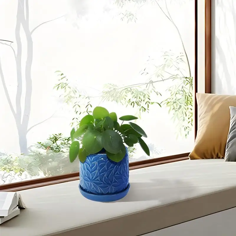 

Set of 2 Ceramic Flower Pots, 7 Inch Modern Planters for Patio, Garden, Windowsill - Navy Blue Planter Set