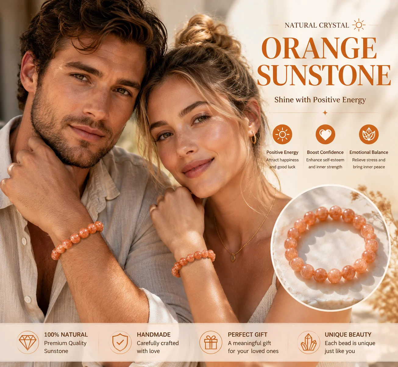 Orange Sunstone Bracelet Natural Crystal Beaded Bracelet Positive Energy Healing Stone Handmade Jewelry Gift for Women Men