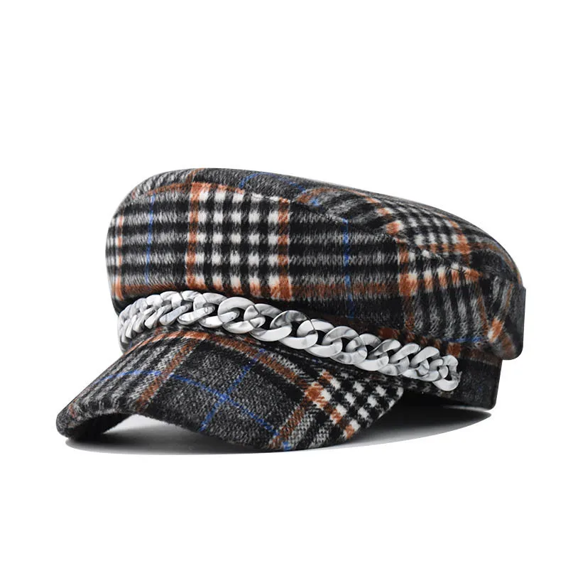 

Women s Navy Trendy Plaid Beret Cashmere Internet Celebrity Octagonal British Fashion Hat