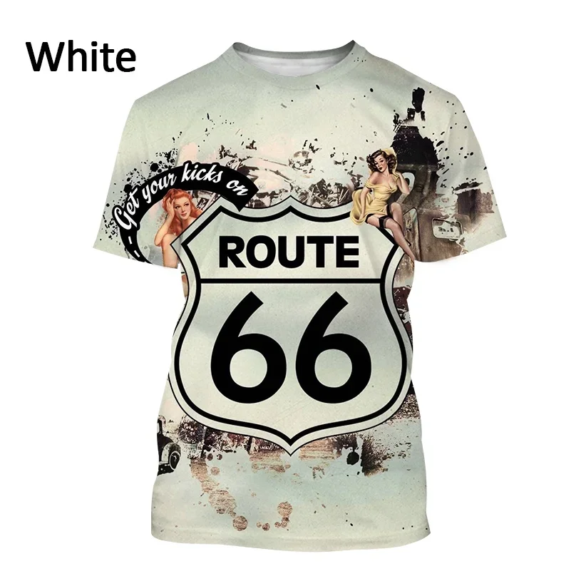 Summer US Route 66 Graphic 3D T-Shirt Casual Pullover Outdoor Street Printed T-shirt Personality Round Neck Loose Top Tees