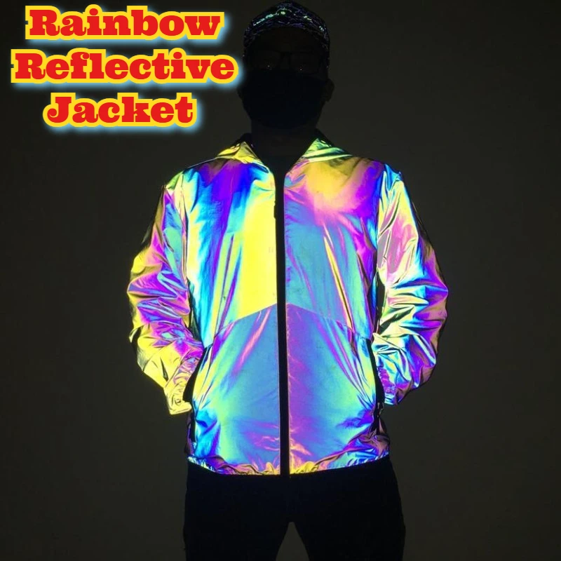 سترة عاكسة بألوان قوس قزح، معطف ملون للرؤية الليلية للجنسين، ملابس خارجية متوهجة داكنة، ملابس رياضية كبيرة الحجم بألوان قوس قزح