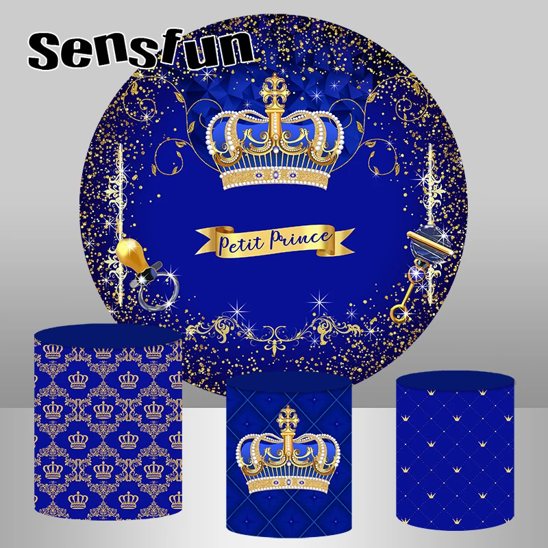 Fondo redondo para fiesta de cumpleaños de recién nacido, corona de oro y brillo Azul Real, príncipe, Baby Shower