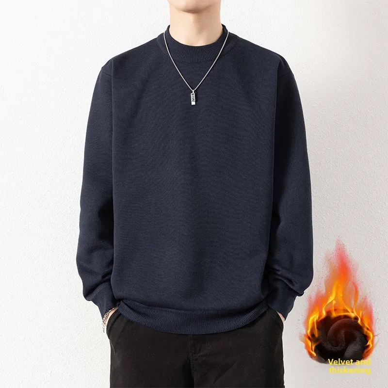 Men's Fleece-Lined Crew Neck Sweater, New Winter Version, Versatile Base Shirt, Simple Solid Color Basic Fleece Knitwear