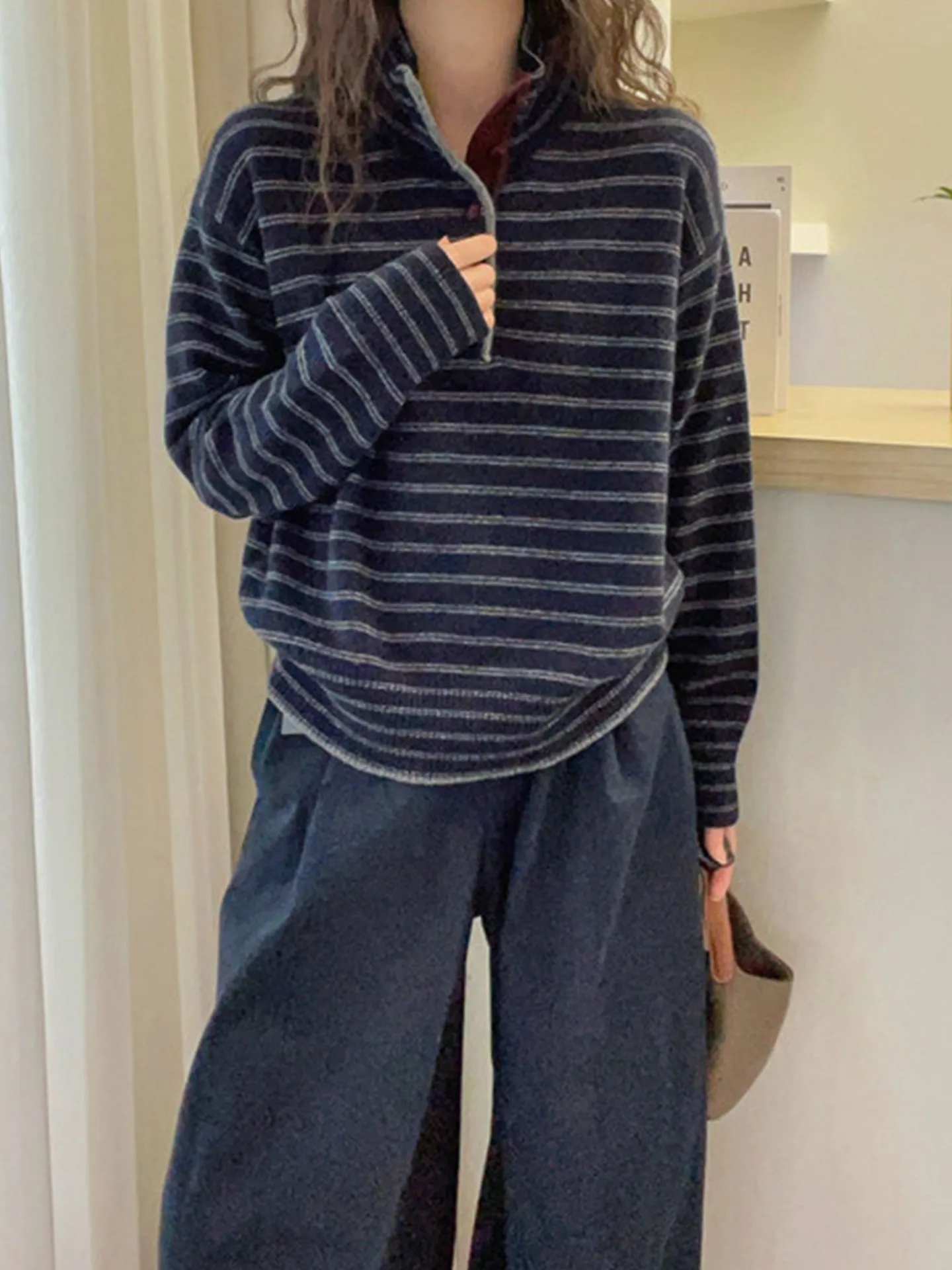 Slim Stripe Simple New Top Loose Cashmere Sweater Lazy Wind Winter Commuter Sweater Long Sleeve