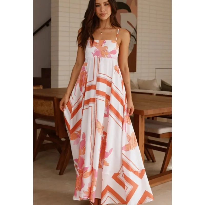 เซ็กซี่Backlessพิมพ์ลายดอกไม้Sundress 2025 ฤดูร้อนใหม่สปาเก็ตตี้Strape HighเอวA-Line Bohoชุดยาวผู้หญิงวันหยุดชุด