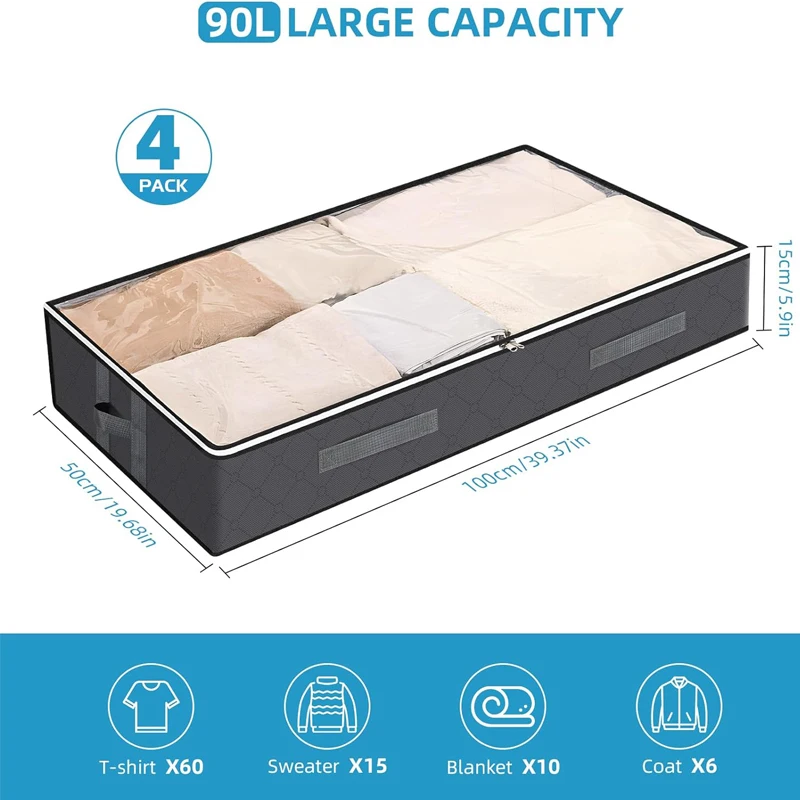 Underbed Bag Organiser with Zip and Handle Foldable Storage Box for Pillows, Clothes, Blankets, Duvets, 90 L Storage Bags