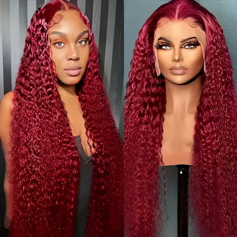 

99J Burgundy Deep Wave Lace Front Human Hair Wig - 13x6 HD Transparent Lace, 250% Density, 18-46 Inch, 100% Real Hair for Women