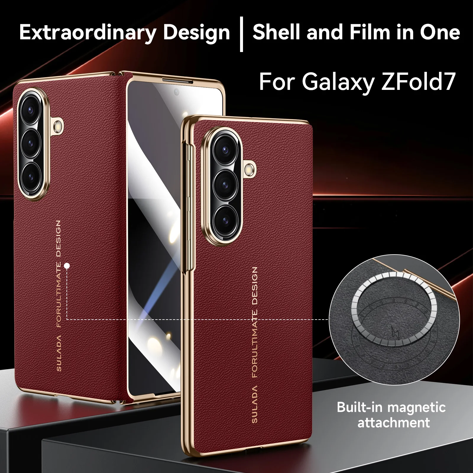 Luxury Genuine Leather Case for Samsung Z Fold7 Case Sulada Integrated Shell and Film Built-in Magnetic Cowhide Case for Z Fold7