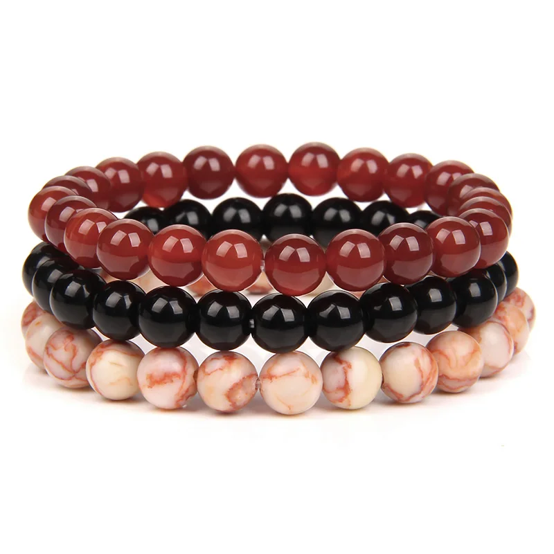 3 Teile/satz 8mm Naturstein Perlen Armband Set Rosa Zebra Rhodonit Mondstein Achate Hämatit Armbänder Für Frauen Männer schmuck – Detail 10