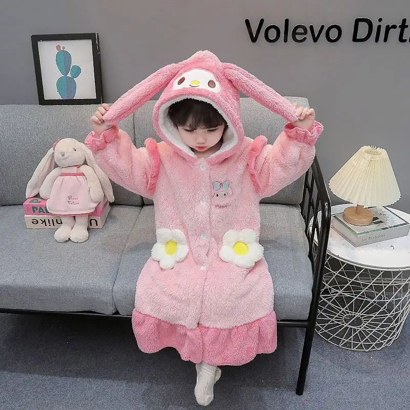 Cinnamoroll Kuromi pijamas de felpa para niños bata de dibujos animados Anime Sanrios invierno Kawaii chica lindo Coral polar cálido camisón grueso