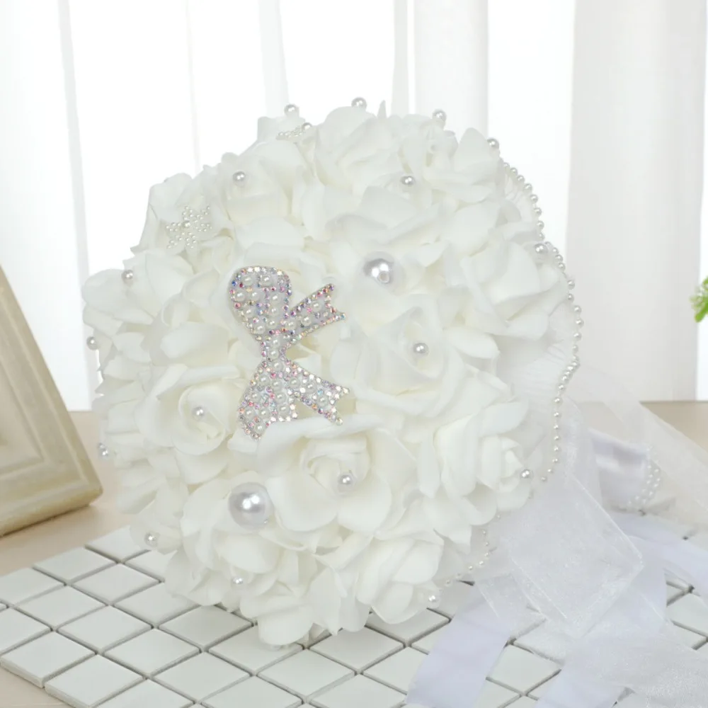 

Vintage Ivory Silk Rose Flower Crystal Pearl Bouquets Bridal Gowns Wedding Party Decoration Supplies