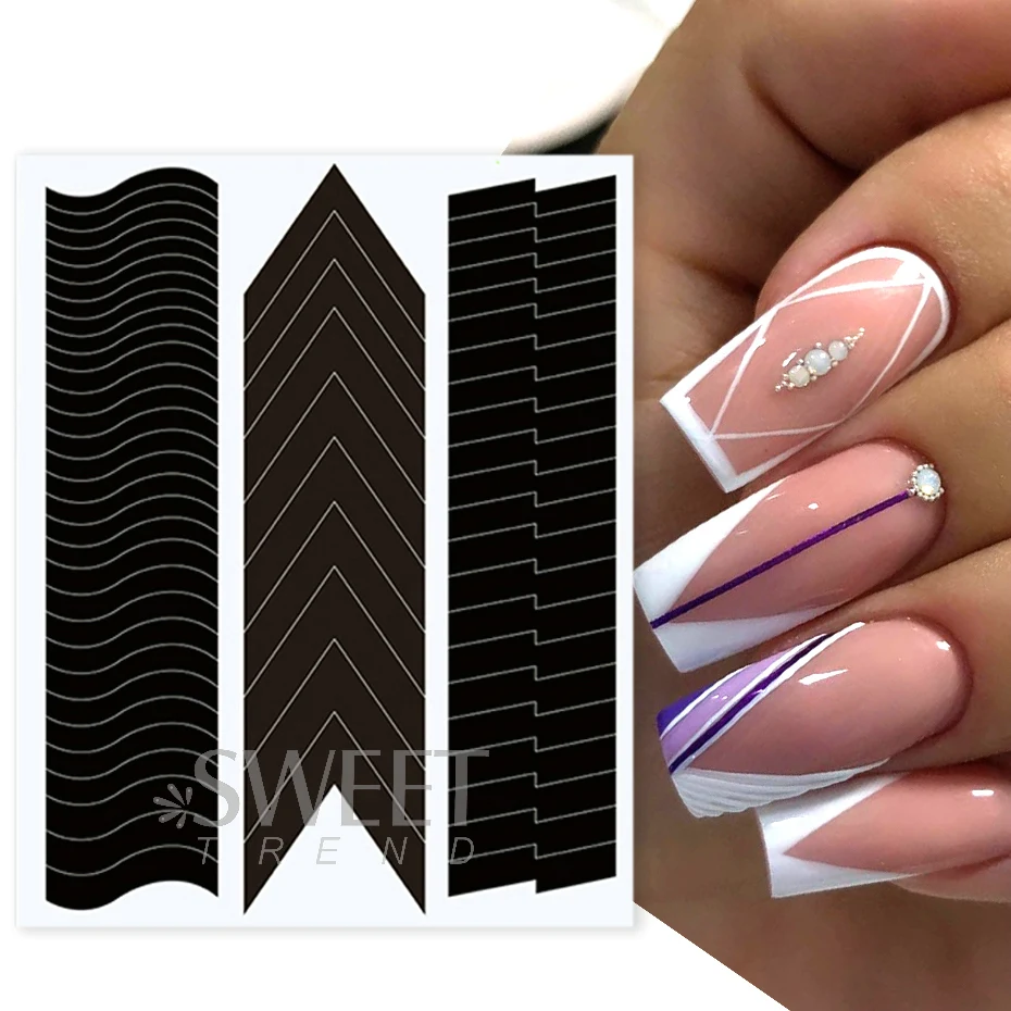 French Strip Line Nail Art Form Fringe Tip Guides Wavy Oblique Spray Template Stickers Creative Stencil DIY Manicure Tools Decor