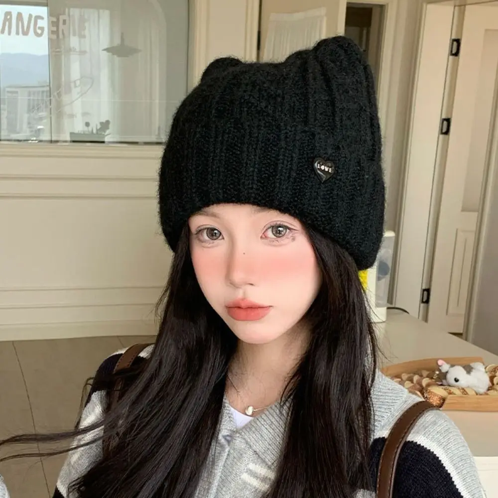 Comfortable Polyester Knitted Beanie Hat 56cm to 58cm Heart Label Winter Beanie Hat Warm Cat Ear Beanie Casual Daily Use