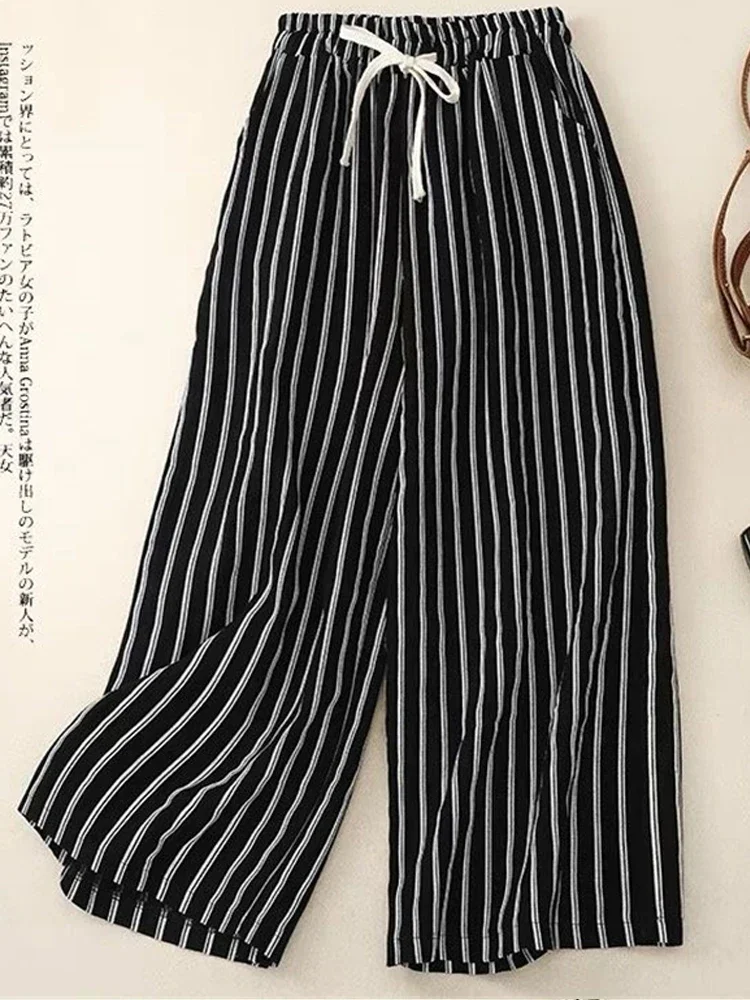 2024 Summer Women Vintage Striped Cotton Linen Beach Wide Leg Pants Female Casual High Waist Loose Straight Trousers Pantalones