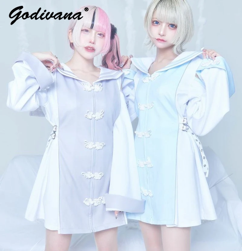 Japanese Mine Harajuku Sailor Collar Chinese Style Frog Button Water Color Slim Long Sleeve Dress Female Y2k Above Knee Dresses