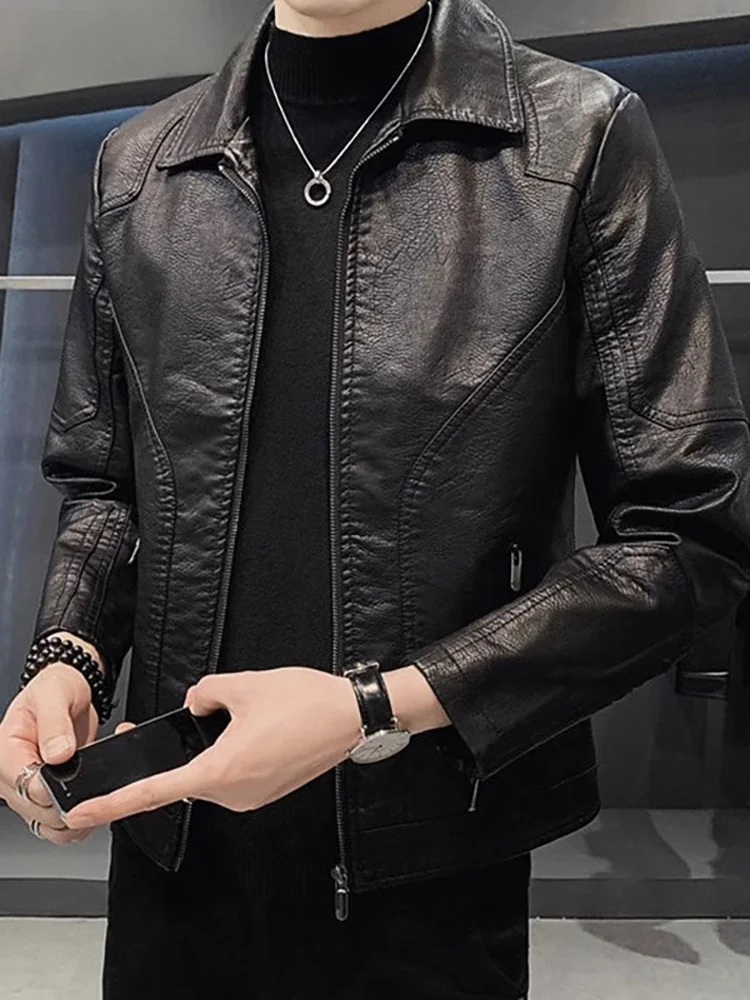 

High-End Men's Casual Fce-Lined Thiened Leather Jaet Stand Collar Autumn Winter Outerwear Stand Fit Cleanfit Sle