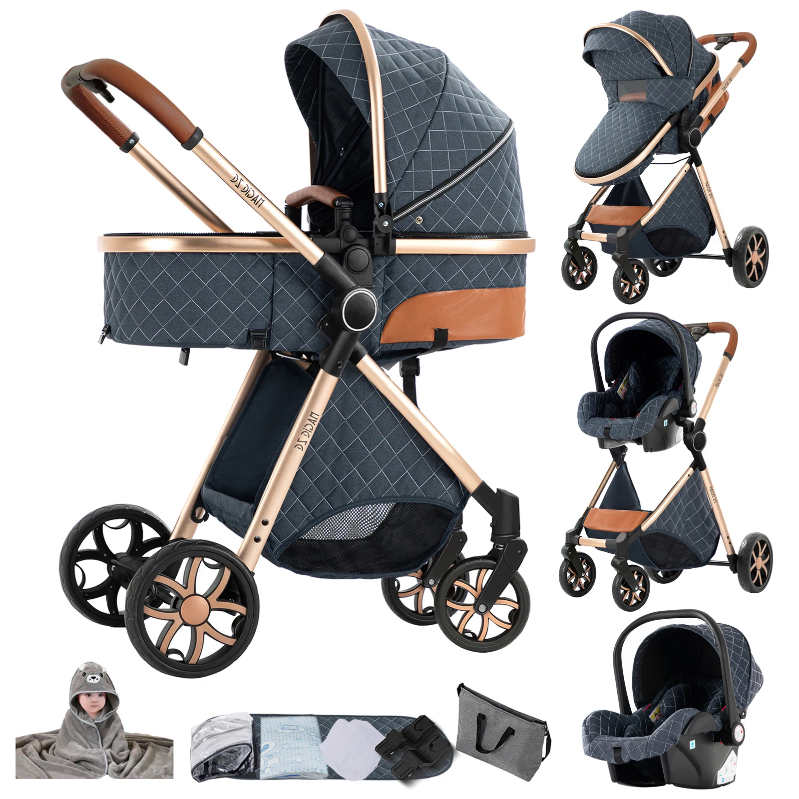 Magic ZC Premium 3-in-1 Baby Reiswiegensysteem, Compacte Inklapbare Kinderwagen met Reiswieg, Autostoeltje en Omkeerbare Zitting, Hoge Landschapswagen, All-Terrain Wielen, Verstelbare Handgreep, Luxe