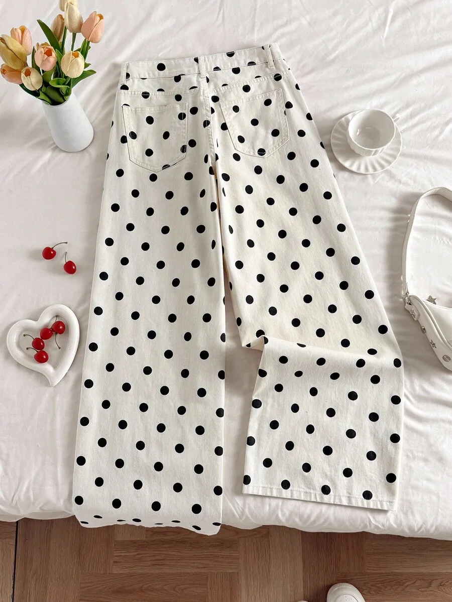 

Women Polka Dot Print Casual Wide Leg Jeans Loose Fit Denim Pants