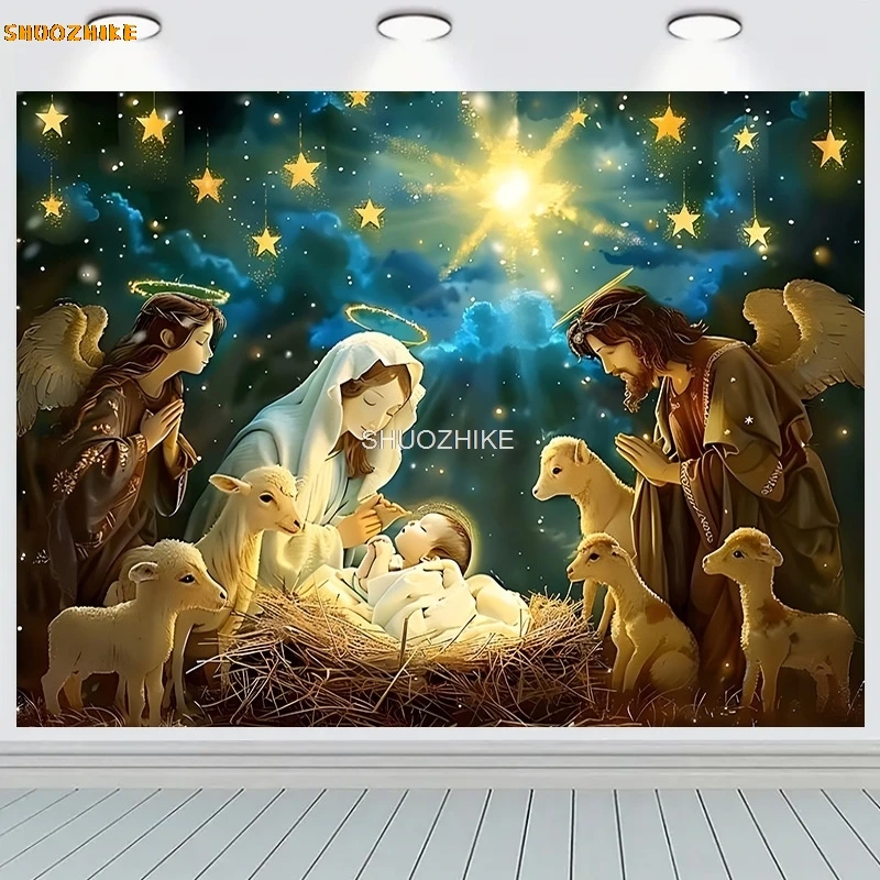 

SHUOZHIKE Nativity Scene Manger Photography Backdrops Props Christmas Day Fireplace Birth of Jesus New Year Background RD-48