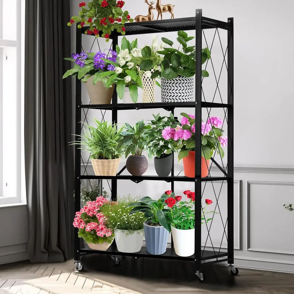 Rak Tanaman Logam Rak Tanaman Lipat Tanpa Perakitan Mudah Dipindahkan Rak Bunga 4 Tingkat dengan Roda untuk Ruang Tamu
