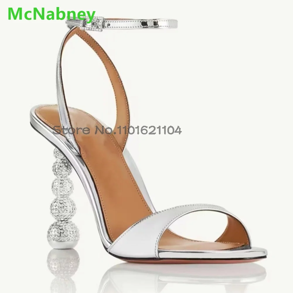 Round Toe Strange Crystal Sandals For Female Women 2024 New Slingback Ankle Buckle Strap Luxury Design Summer Fashion Shoes