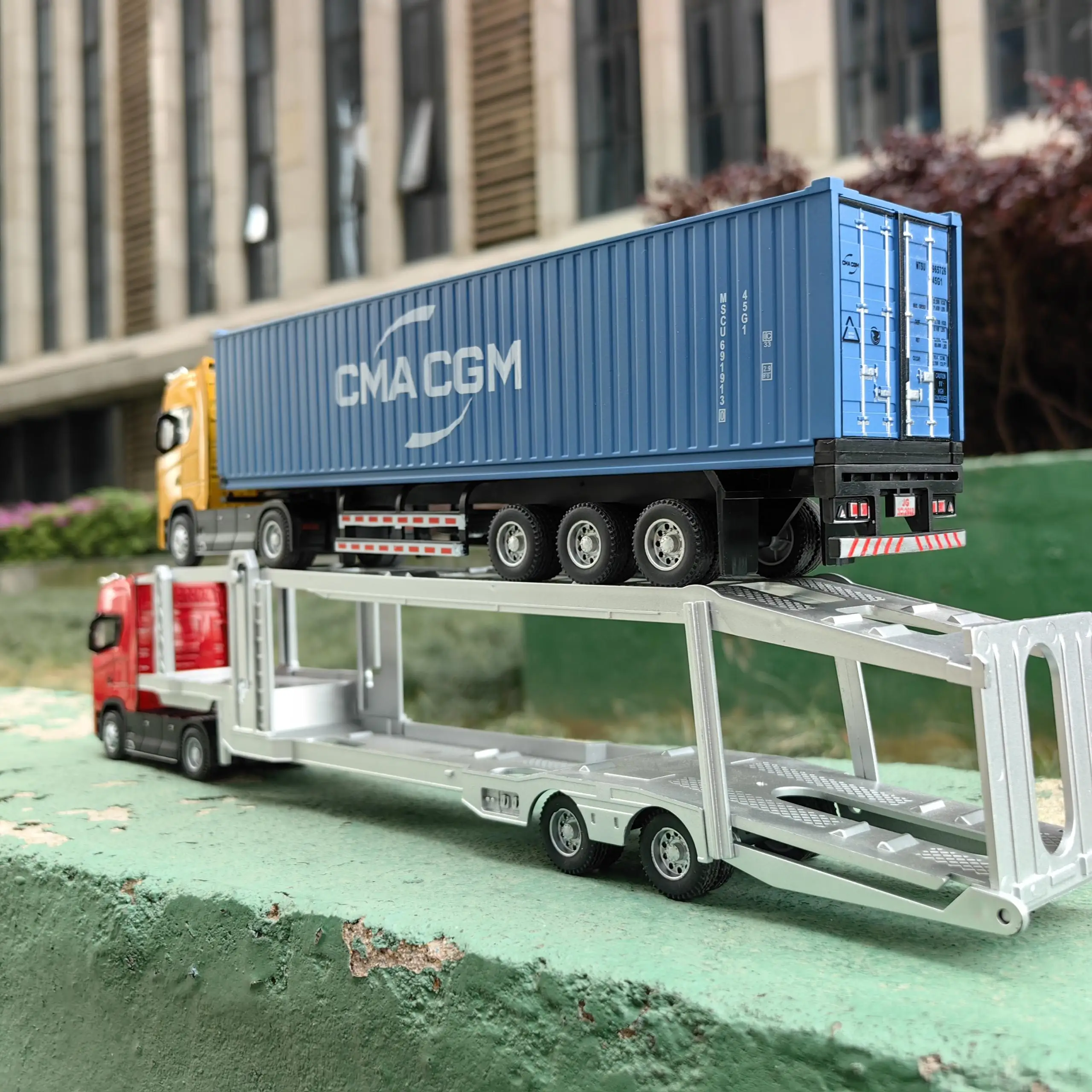 Camion Conteneur 1:48 En Alliage - Modèle Réduit Haute Simulation Avec Porte Ouvrable Et Remorque Amovible (Bleu)