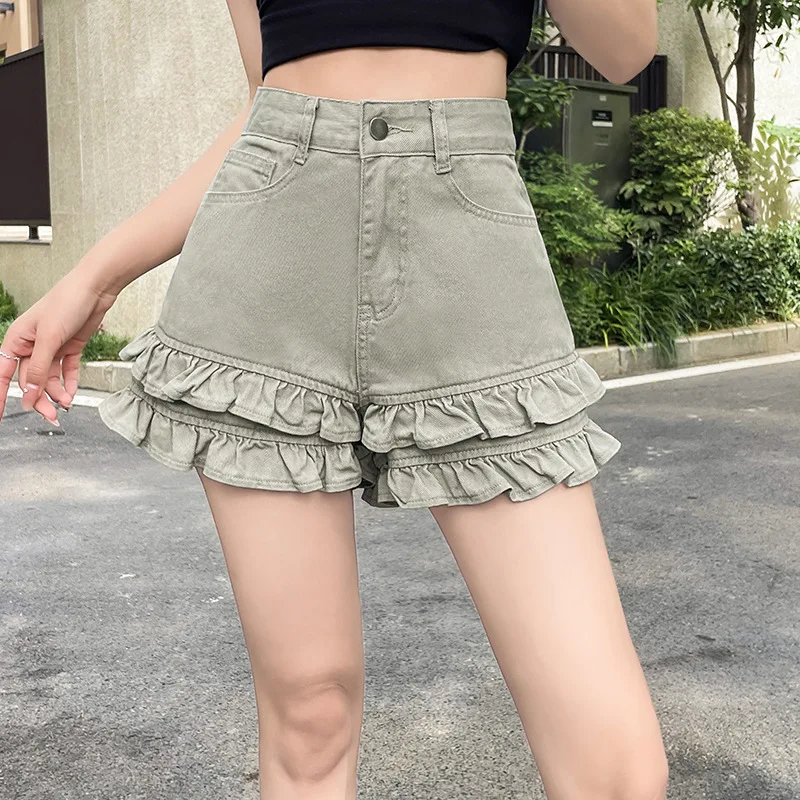 Lotus Leaf Edge Splicing Lace Denim Shorts Women's 2026 Summer Thin High Waist Design