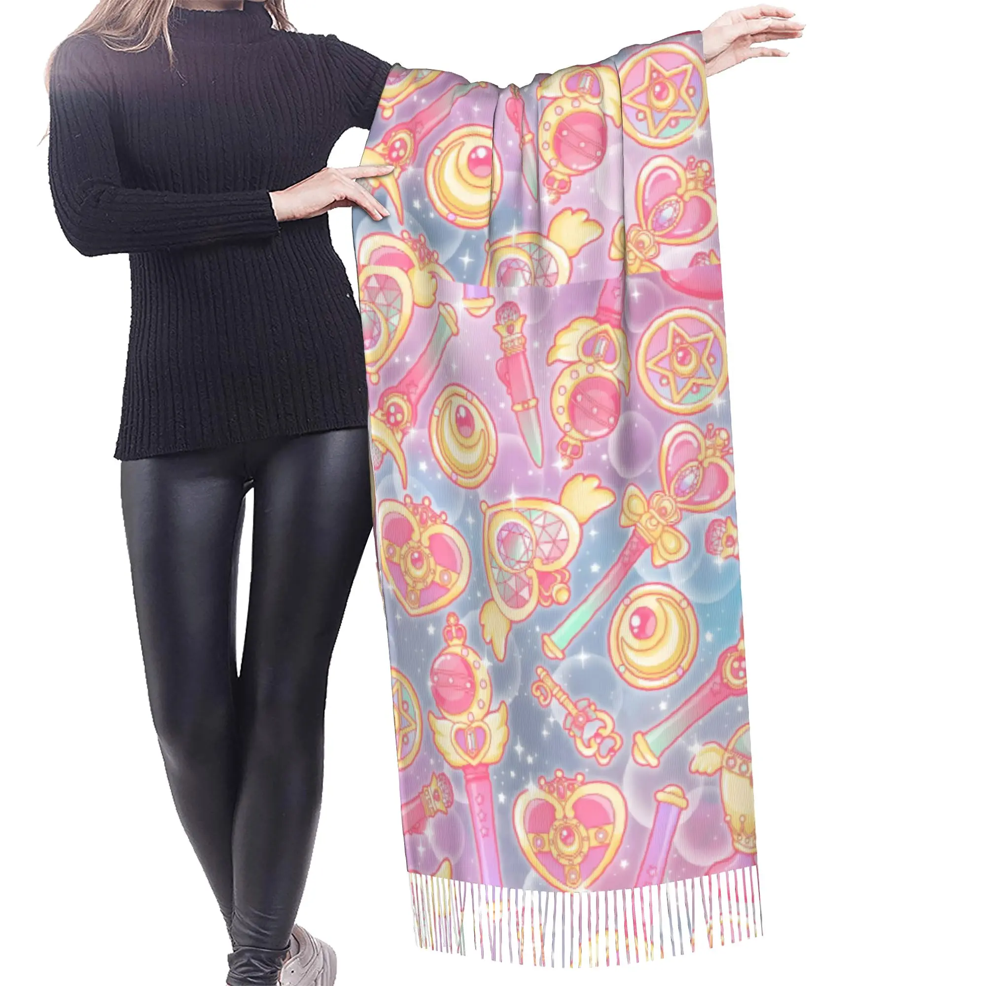 Custom Sailored Manga Anime Mooned Tassel Scarf Women Soft Usagi Tsukino Shawls Wraps Female Winter Scarves