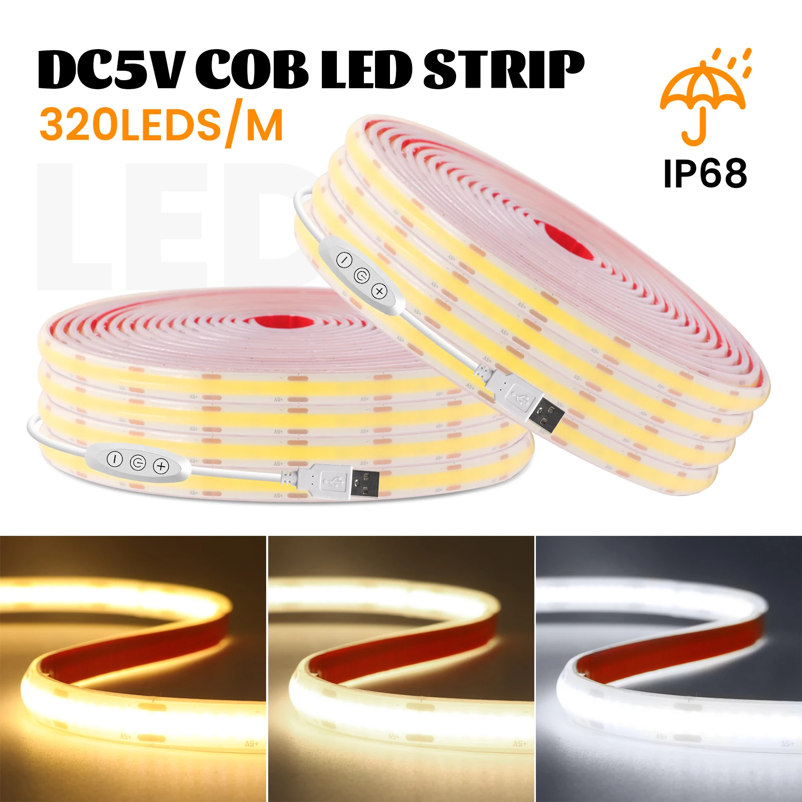 

Dimmerable COB Strip DC 5V 320LED RA90 IP68 Waterproof FOB LED Light Bar Flexible High Density Linear Lighting 3000K 4000K 6000K