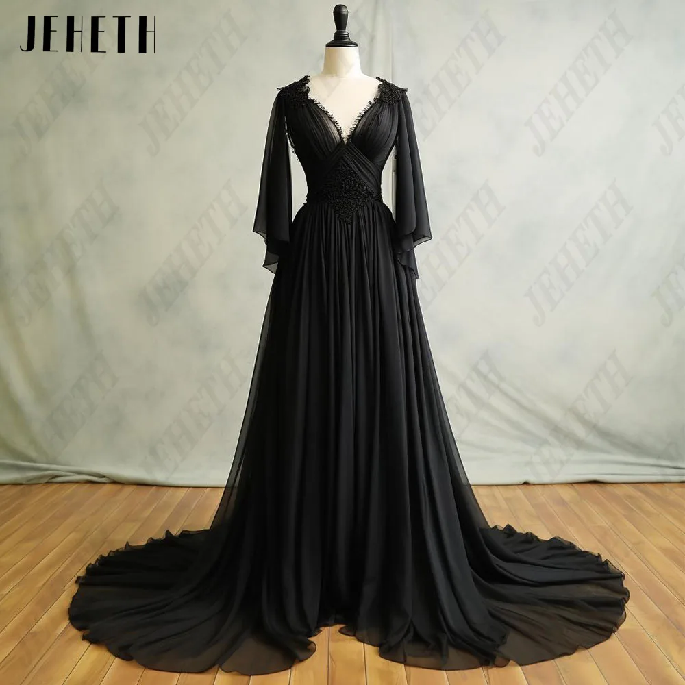 JEHETH Classic Real Photo Black Evening Dress Saudi Arabia V-Neck Flare Sleeves Prom Gown Chiffon A-Line فساتين مناسبة رسمية