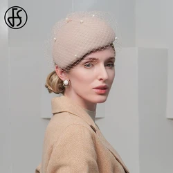 FS Fascinator Wedding Hats For Women Elegant Church Party Wool Felt Cap With Veil Faux Pearls Formal Fedoras Female 2024 Winter