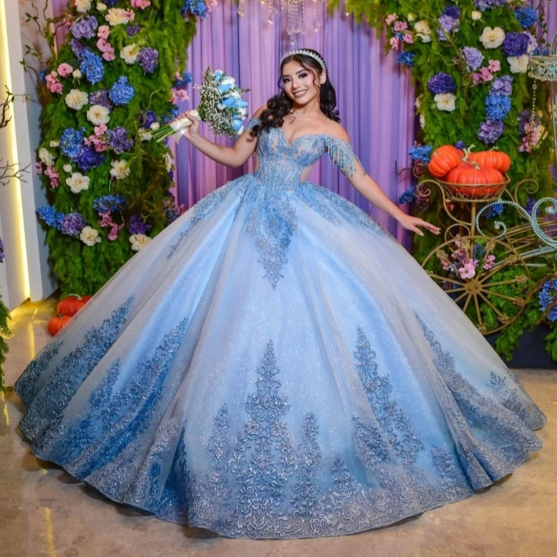 

Blue Shiny Quinceanera Dresses Ball Gown Off The Shoulder Applique Lace Beading Crystal Tull Corset Party Birthday Sweet 16 Dres