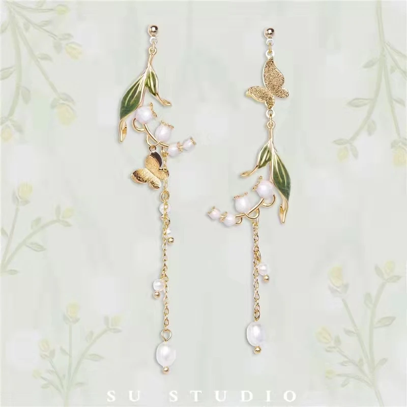 Chinese Style Forest Retro Lily of The Valley Earrings Asymmetric Pearl Butterfly Long Tassel Clip Earrings Without Piercing