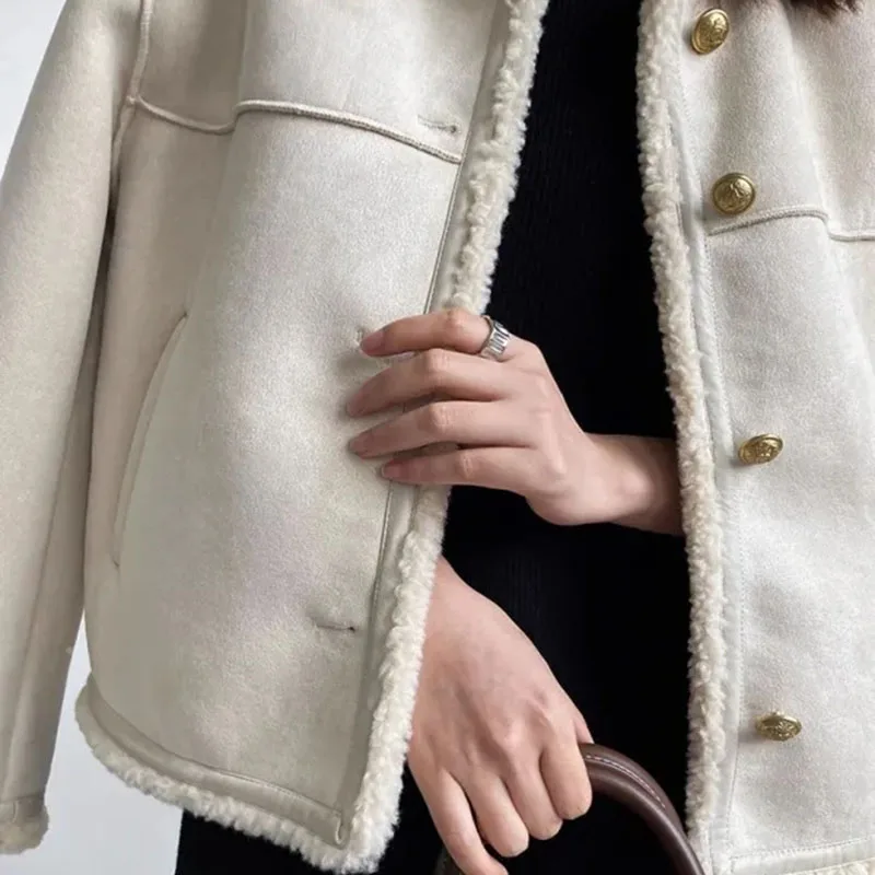 Suede Lamb Fur Short Jacket Women Vintage Autumn Winter Padded Thickened Long Sleeve Outwear Camel Fashion Patchwork Coats