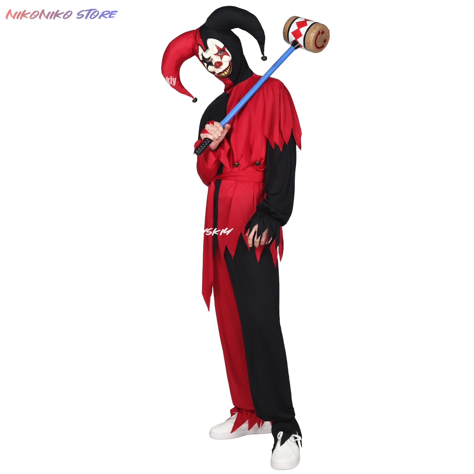 Costume de bouffon rouge et noir à bords effilochés avec chapeau de bouffon, masque de cosplay de clown démon d'horreur pour Halloween, fête de carnaval