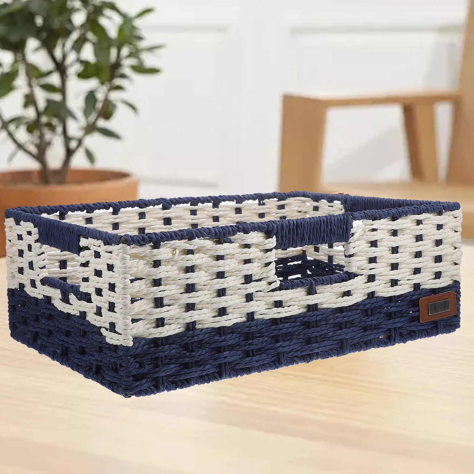 

Woven Storage Basket Large Capacity Home ganizer Blue Beige Desktop Container Rattan Style Paper Metal Material Versatile Item