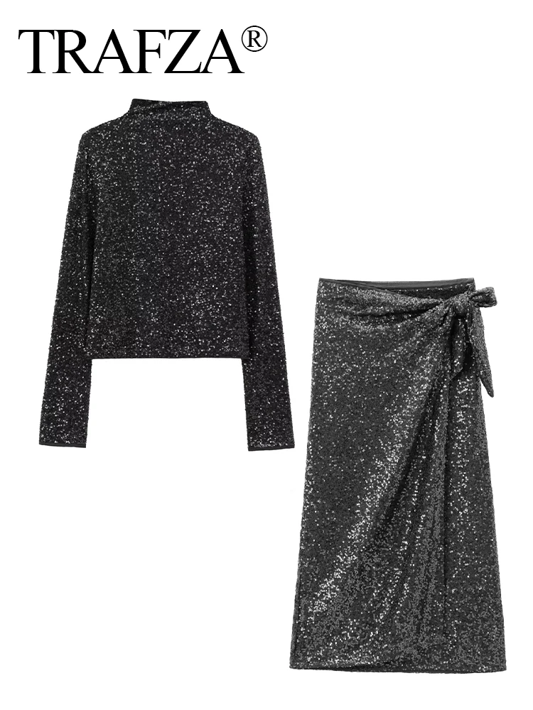 TRAFZA Women Skirt 2-Piece Set Fashion Sequined Turtleneck Slim Top+Female Temperament Elegant Bow Decorated Wrap Mid-Calf Skirt