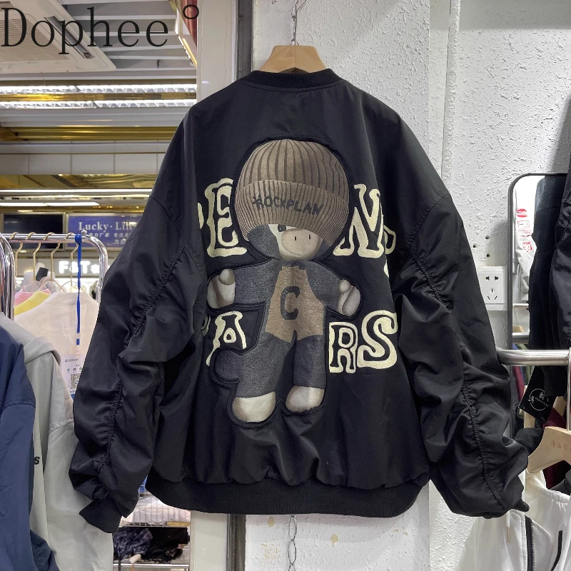 American Street Loose Baseball Uniform Mid-long Cute Bear Embroidery Bomber Jacket Stand Collar Zip Cardigans Coat All-match