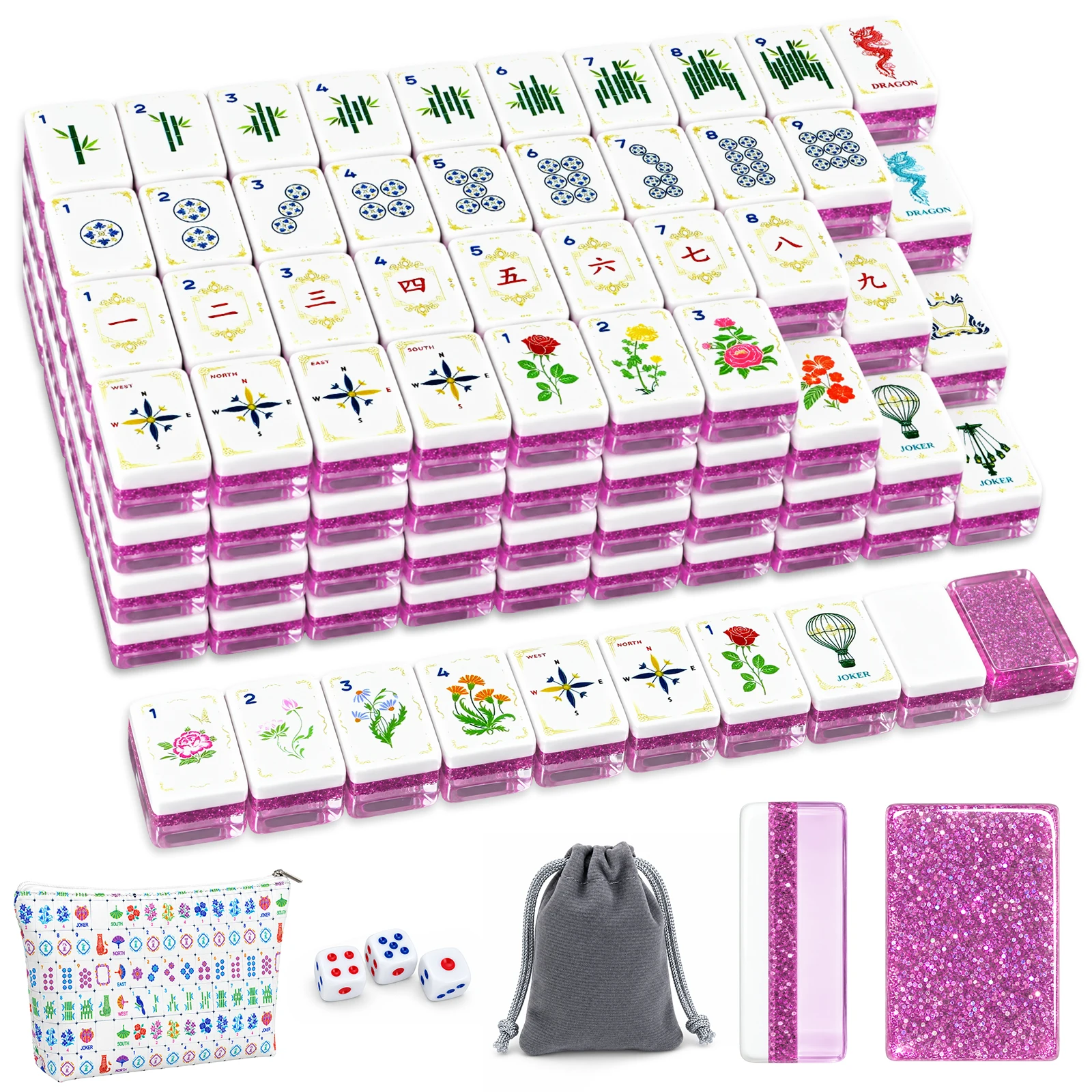 Custom Pink Glitter 4-Layer Acrylic American Mahjong Set, 160 Tiles Mahjong Game Kit for Indoor Gathering Entertainment
