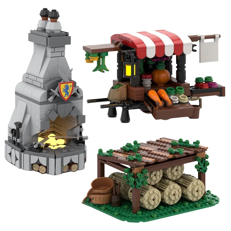 

MOC Building Blocks Set: Medieval Blacksmith & Vegetable Shelf Model - Artisanal Assembly Toys, Unique Architectural Ornaments,