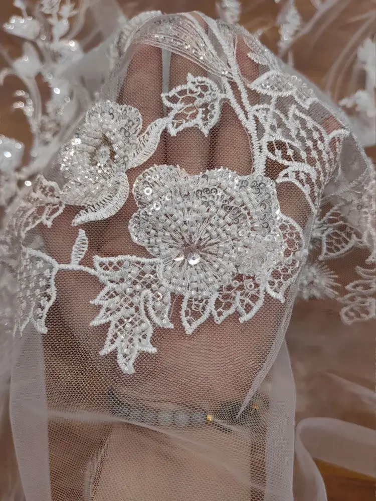 Premium embroidered flower leaf white beaded sequin lace tulle top quality for DIY wedding dress and clothing lace netting