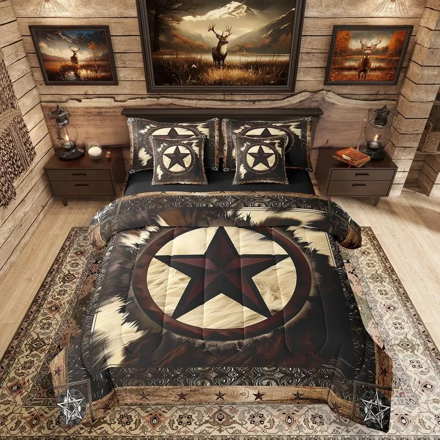 

7 Pcs Rustic Cow Comforter Set Queen Size,Western Texas Star Bed in a Bag with Flat Fitted Sheet for Cowboy Cowgirl,Cowhide Cow