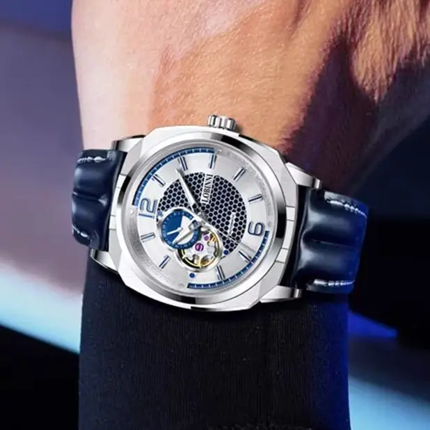 LOBINNI Men Automatic Watch 43mm Square Mechanical Wristwatch Waterproof Skeleton Sapphire Mirror 24 Hours Miyota Mov