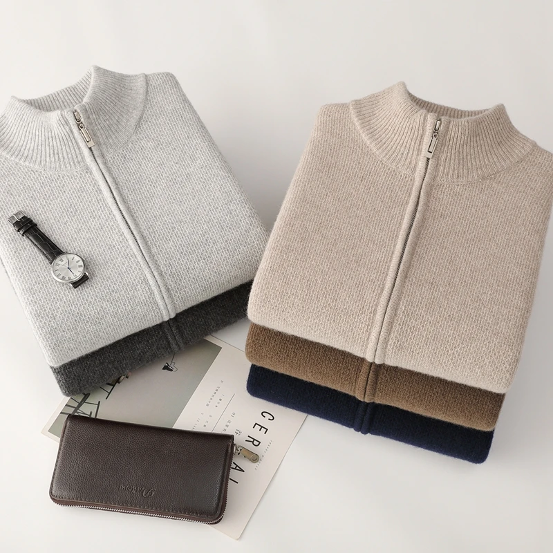 الرجال سستة سترة الخريف الشتاء سميكة طويلة الأكمام العسل متماسكة سترة 100% ميرينو الصوف تريكو الذكية ملابس كاجوال بلايز