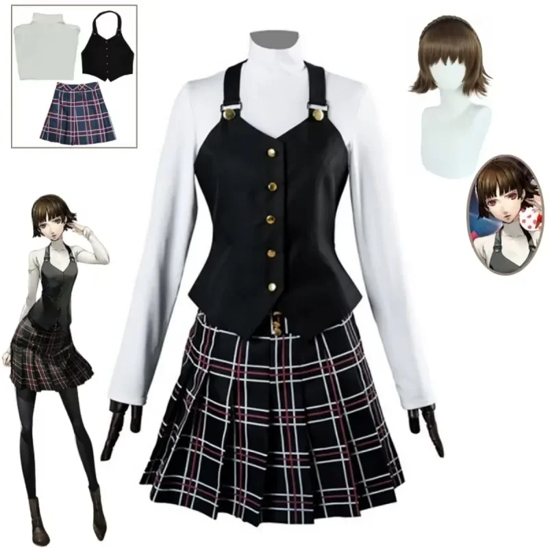 

Kostum Cosplay Anime P5/Persona Makoto Niijima Printed Short Skirt Knitted Top School Uniform Halloween Party Anime Set Costume