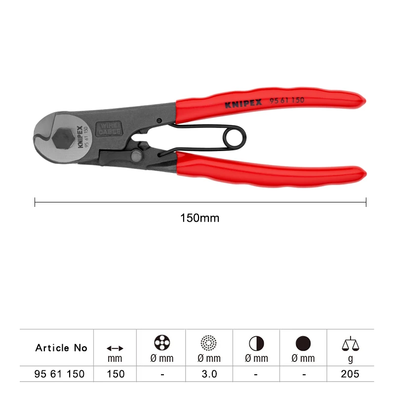 KNIPEX Cable Cutter for Bowden Cables and Soft Wire Cutting Pliers with Opening Spring and Locking Device NO.95 61 150