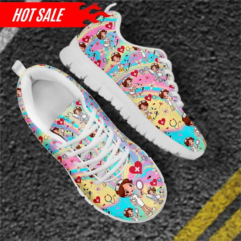 Kawaii Nurse Girls Rainbow Gradient Print Women's Nurse Shoes Healthcare Design Casual Flats Ladies Light Footwear