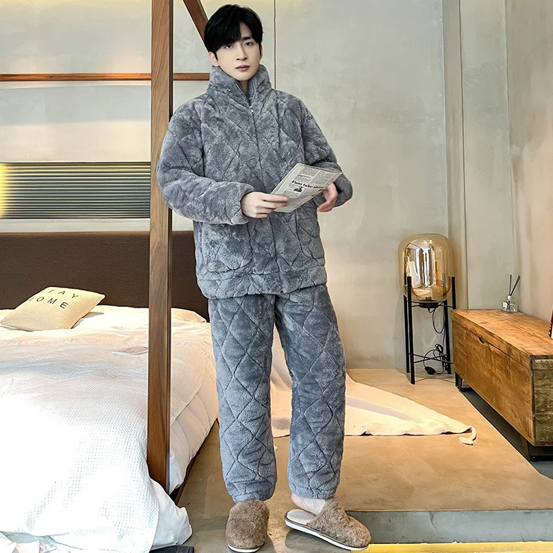 2022 Winter New 2PCS Pajamas Set Coral Fleece Men Sleepwear Nightwear Casual Thick 3 Layers Quilted Sleep Home Clothes Warm