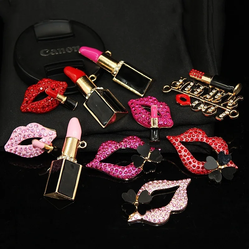 2Pcs Bling Pink White Red Full Diamond lipstick Sexy Lips Simulation Brand Bag Junk Phone Case Charm DIY Crafts Deco Accessories