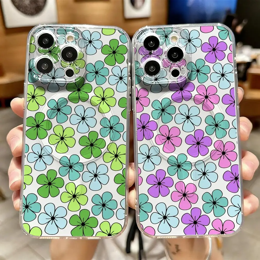 

Girl Wildflowers Ins Phone Case For IPhone 17 16 15 14 13 12 Pro Max Plus Magnetic Crystal Clear Case Wireless Charge